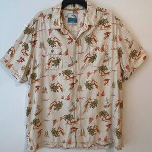 Tommy Bahama 100% silk tropical print button down shirt.